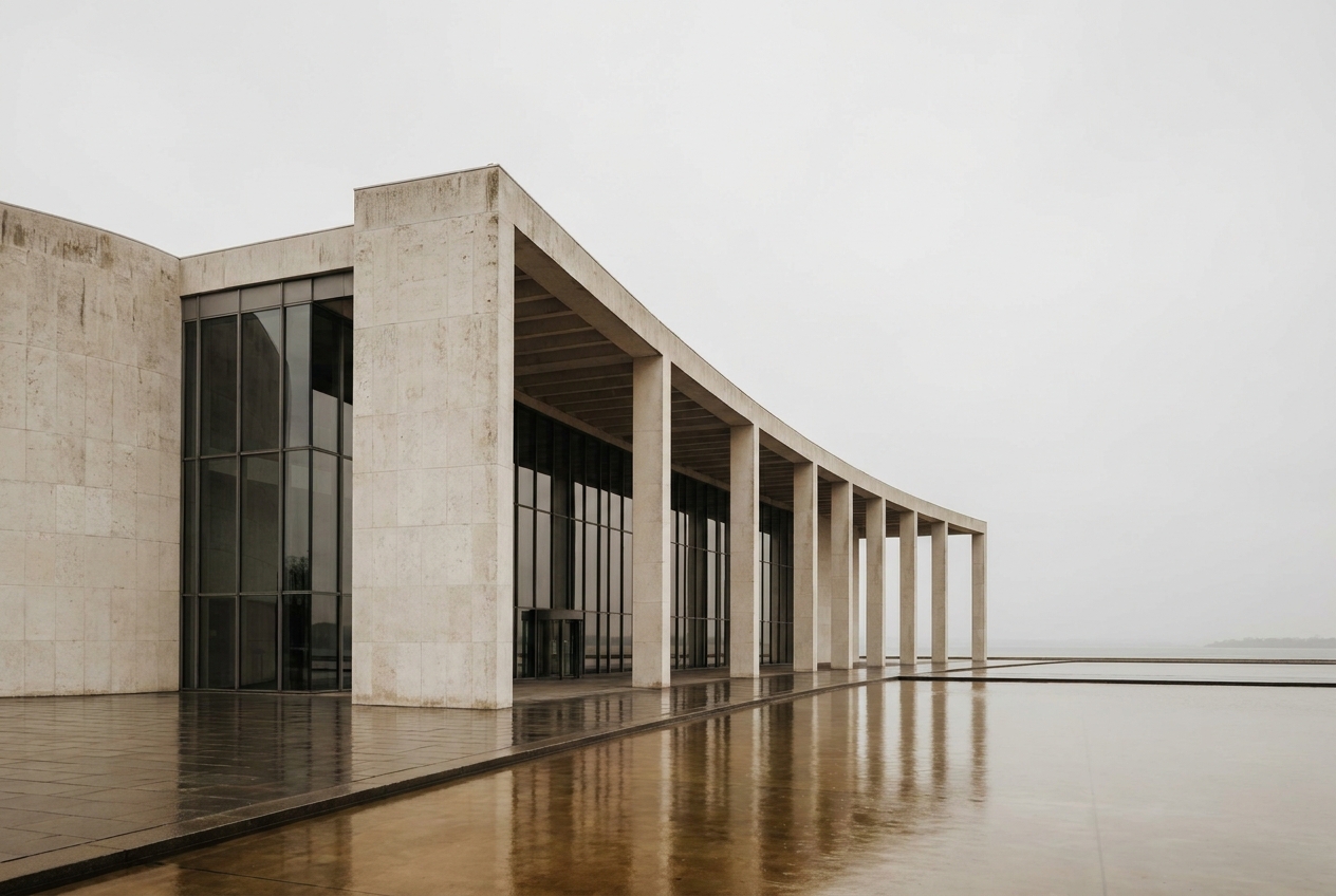 A sweeping modernist institutional colonnade in pale travertine, curving toward the horizon and mirrored in a wet plaza under an overcast European sky.