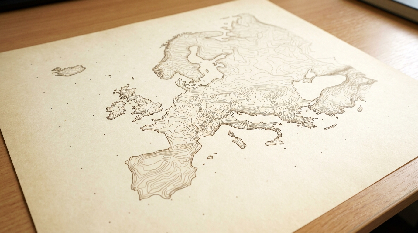 A fine contour-line map of Europe drawn in brown ink on warm kraft paper, resting on a pale wooden desk in soft light.