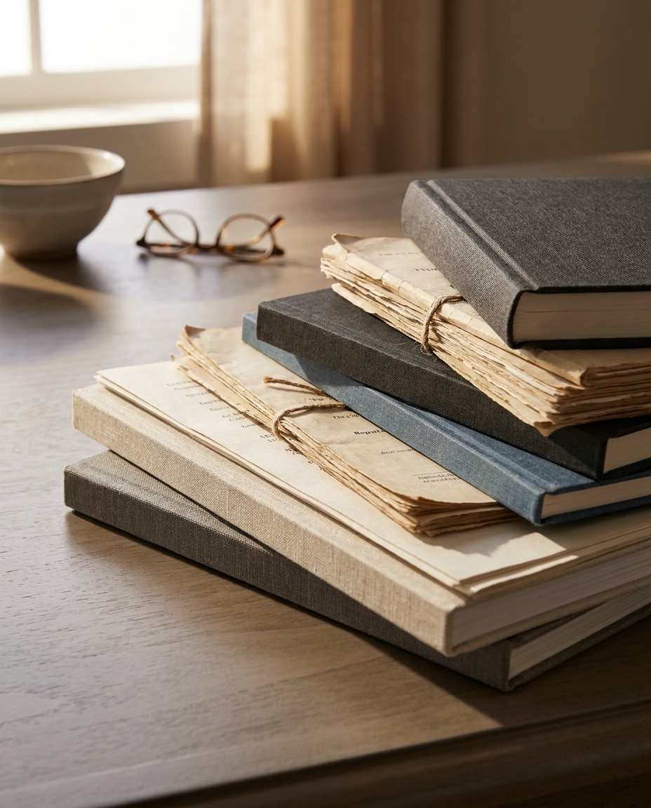 A stack of bound cloth reports and bundles of aged papers tied with twine, beside a pair of tortoiseshell reading glasses, lit by warm window light.